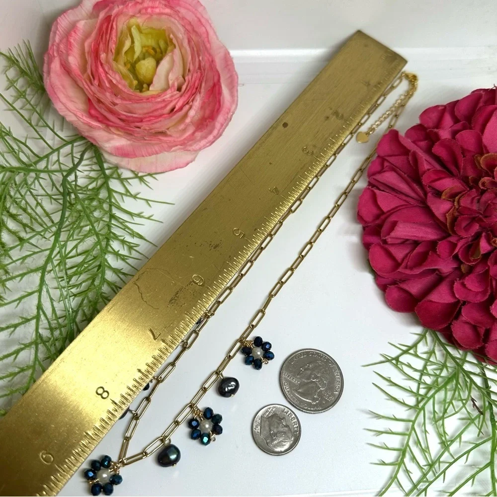 NEW⚜️Freshwater Tahitian Pearl & Crystal Flower Charm Necklace